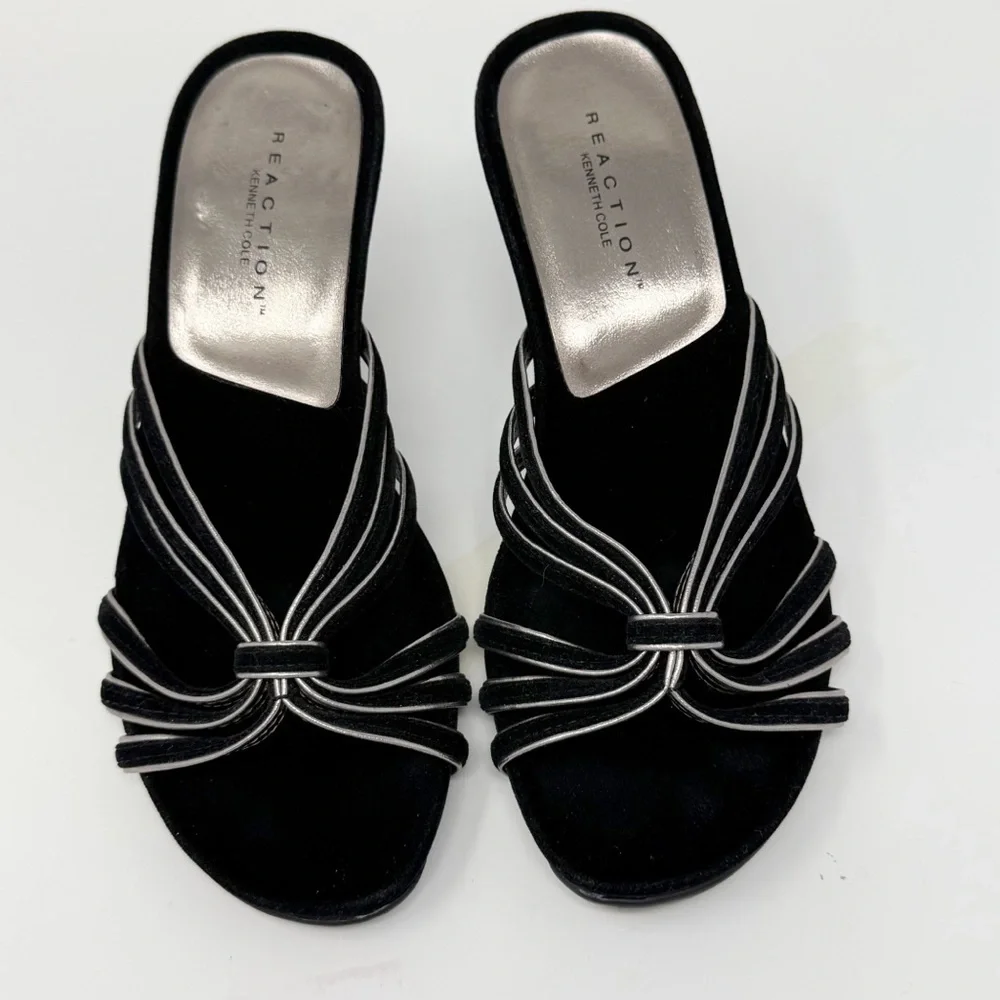 Kenneth Cole Reaction Black Velvet Metallic Trim Slip-On Heeled Sandals Size 8 - Picture 8 of 11